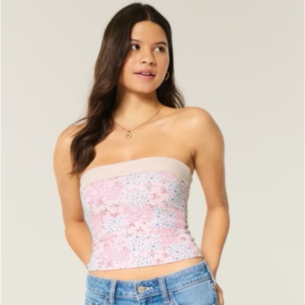 Hollister Pink Floral Cute Womens Reversible Tube Crop Top